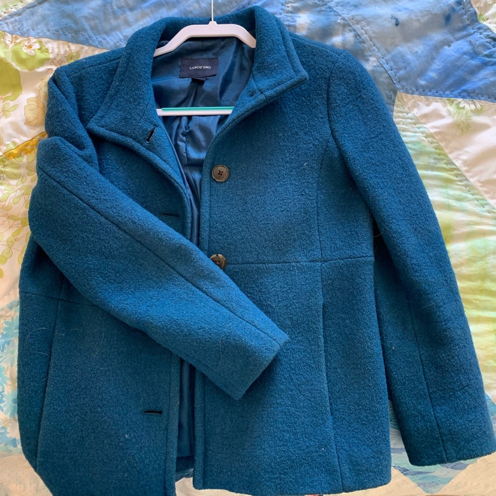 Blue wool winter peacoat Land’s End petite
